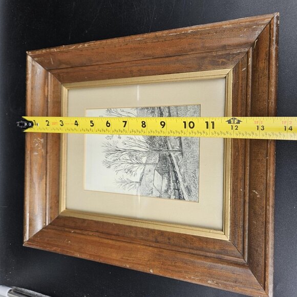 Vintage Lucille Cole Rural Landscape Drawing Framed Art Trees Cabin Signed 14x12 - Picture 9 of 11